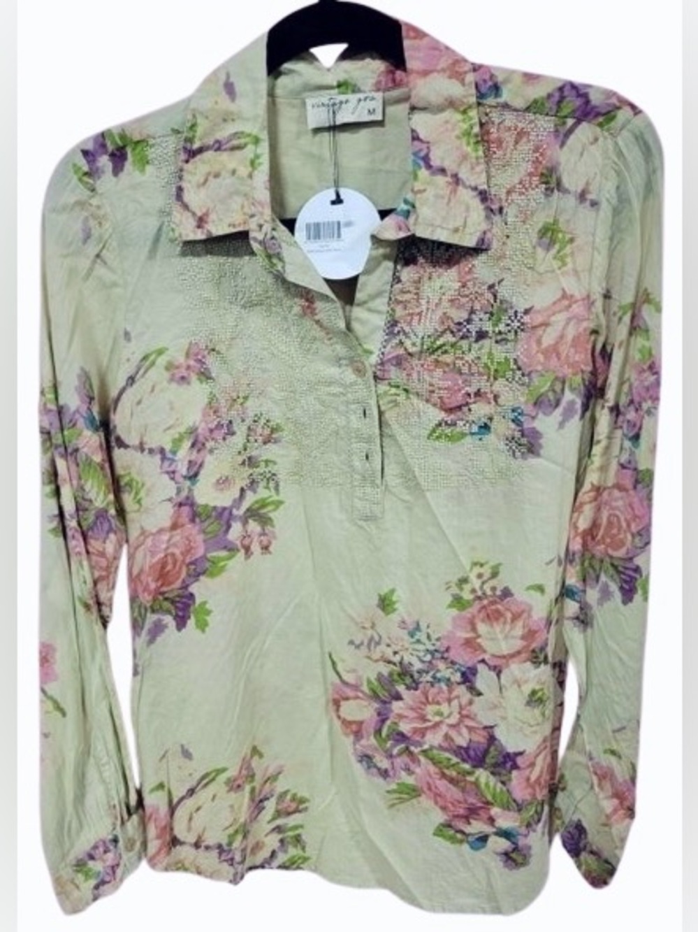 NWT 100% Cotton Embroidered VINTAGE GOA Shirt Top Blouse Boho Cottage Button Med